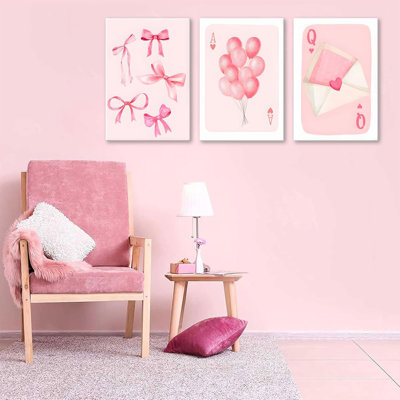 3 Pcs Framed Fashion Pink Bow Canvas Wall Art Preppy Girly Aesthetic Painting Picture Wall Decor Balloon Envelope Prints For College Apartment Girls Bedroom Living Room Home Decoration (16X24 Inch)