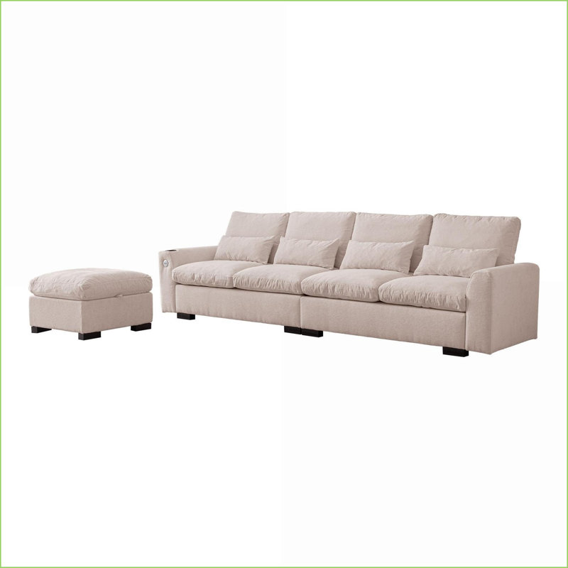 Canapés modulaires, 114,5 po moderne en L avec rangement pour repose-pieds réversible, ports USB | Beige | Chenille