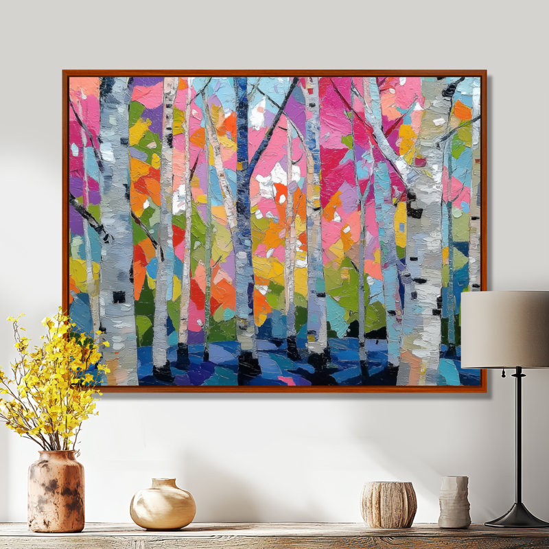 «Pink Orange Vibrant Birch Forest», impression d'art sur toile rose nature, H 12 po x l 20 po, Cadre flottant, Brun
