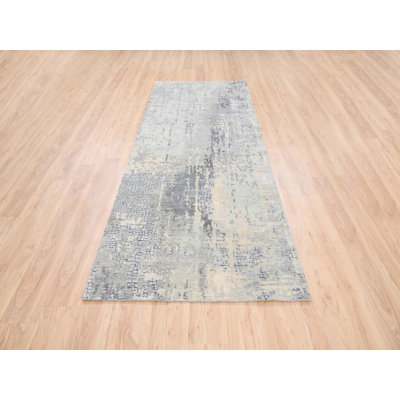 4'1" x 9'9" New Hand Knotted Grey Wool & Silk Runner Oriental Rug - MOA10263062
