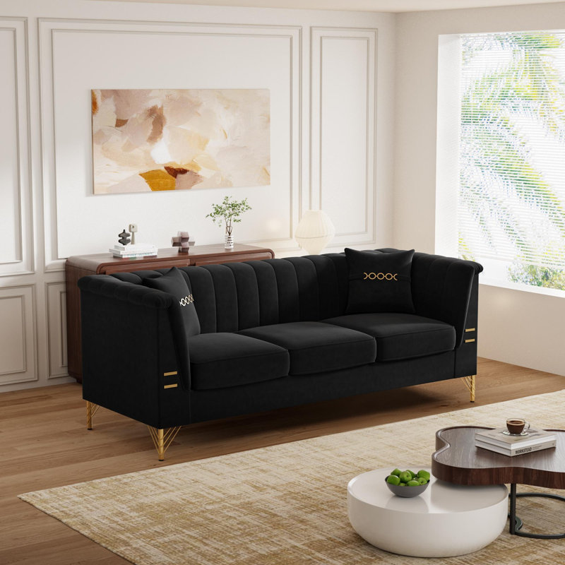 Canapé Chesterfield en velours 3 places, Noir
