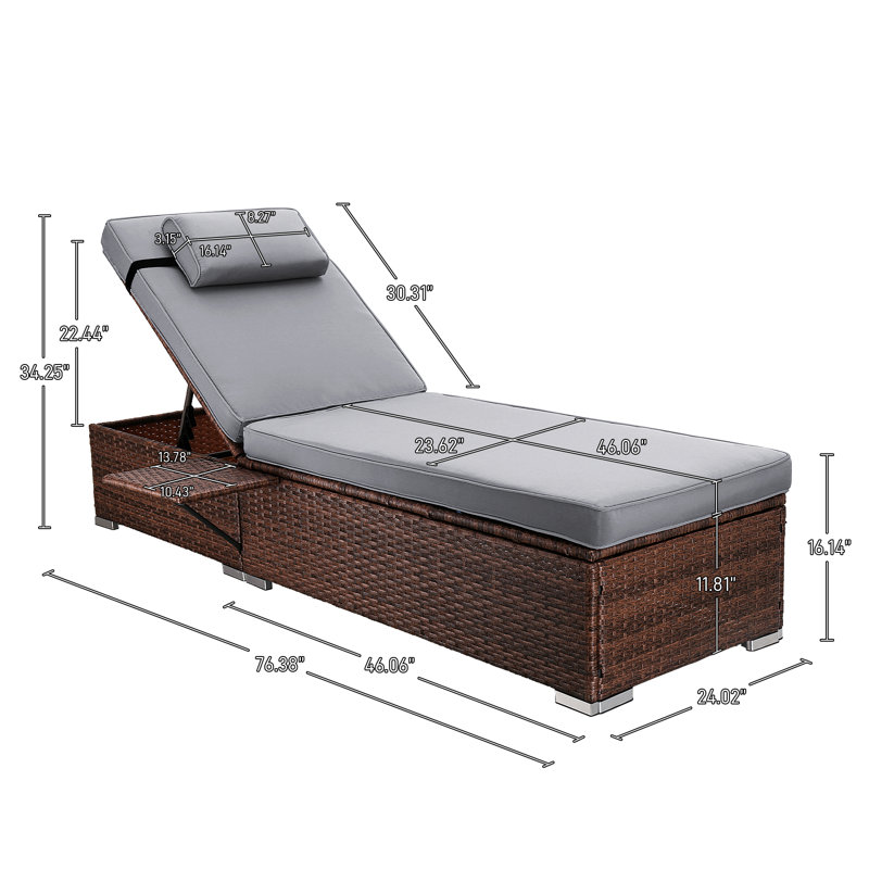 Outdoor Wicker Chaise Lounge Set Patio Reclining Chaise With Side Table And Cushions, Gray