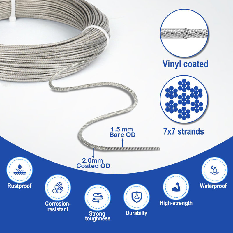 100ft 1/16" Stainless Steel String Light Hanging Kit - Vinyl Coated Heavy-Duty Adjustable Turnbuckle Hardware for Patio, Garden & Plant Support