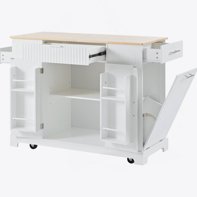 Fluted Rubber Wood Kitchen Island With Concealed Tilt-Out Trash Can, Built-In Power Outlets, Adjustable Internal Shelves, And 5 Silent Locking Wheels For Flexible Food Prep And Storage.