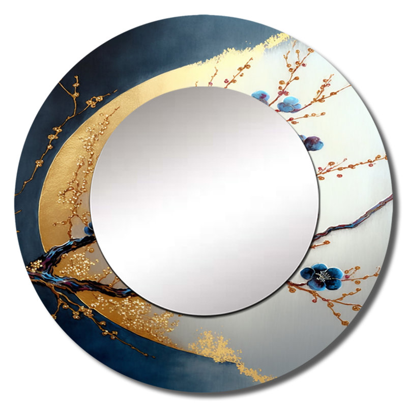 Pierse Blue Cherry Blossom Branch IV - miroir bonsaï, miroir mural rond bleu unique, impression sur métal, 29 po x 29 po