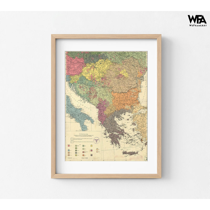 Peuple des balkans et de la région du Danube en 1940, vieille carte des balkans, carte de la péninsule des balkans, décoration murale de studio rustique, art mural de restaurant
