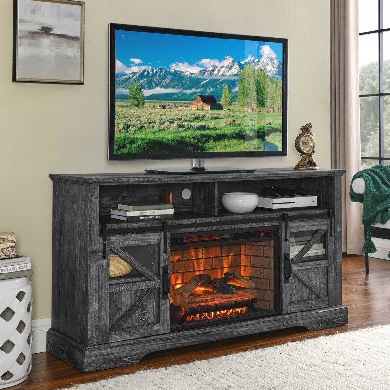 Meuble audio-vidéo avec foyer électrique 60 pouces - finition chêne rustique foncé Flamme multicolore réglable. Convient aux téléviseurs de 70 po ou moins. Chaleur 1500W, 5000Btu / H. Télécommande. Assemblage facile. Double