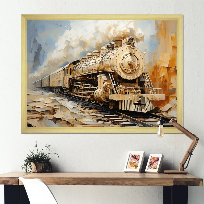 Rêve de train rétro blanc sur toile, Encadrement doré, H 16 po x l 32 po x P 1 po