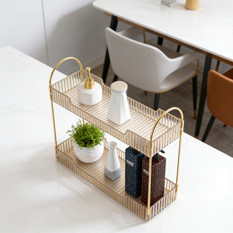 Organisateur de maquillage étroit et rangement, organisateur de meuble-lavabo rectangulaire à 2 niveaux pour parfums de cosmétiques, organisateur de comptoir de salle de bain et de commode avec garde-corps surélevé