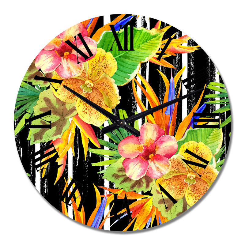 Jaune, rouge, vert, fleurs tropicales sur fond noir - horloge murale tropicale, Grand