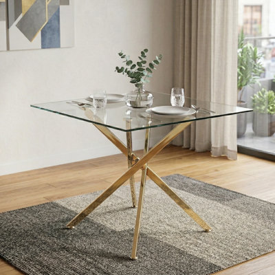 36" Square Clear Tempered Glass Dining Table with Metal Legs, Gold