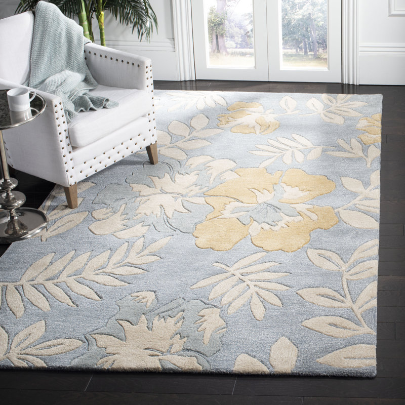 Freda Floral Handmade Tufted Wool Blue Area Rug, Rectangle 3'6" x 5'6"