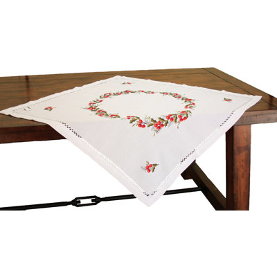 Holly Berry Embroidered Hemstitch Holiday Table Topper