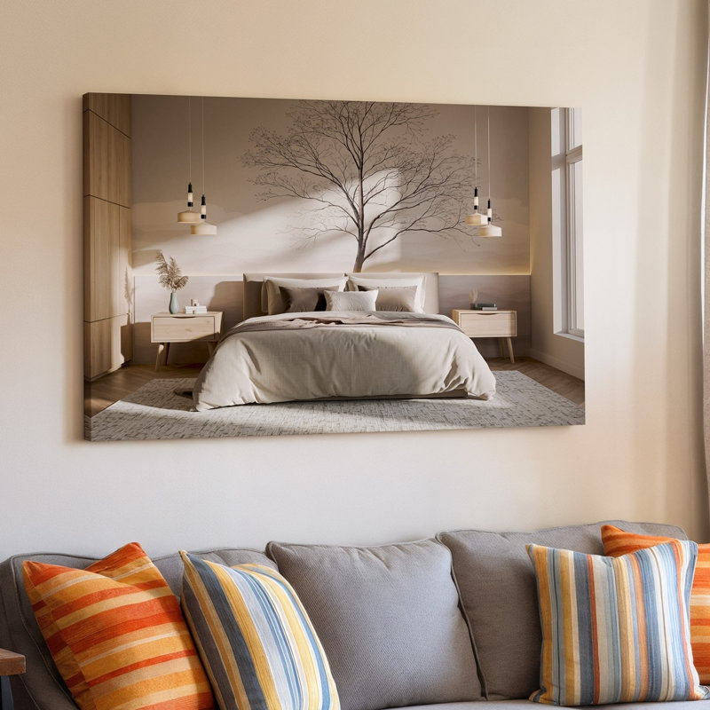 Toile une chambre à coucher contemporaine sereine avec un grand art mural orné d'un lit moelleux avec une literie aux tons neutres doux et un tableau d'art mural en toile