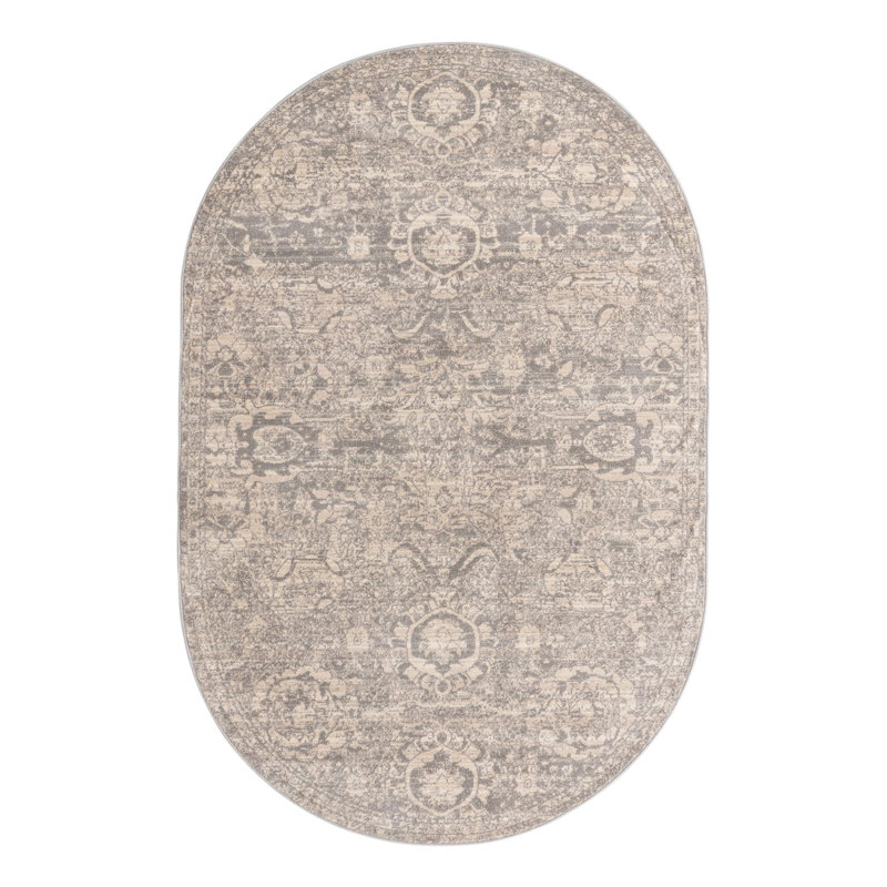 Tapis gris à motif floral Gause, Ovale 5 pi 3 po x 8 pi