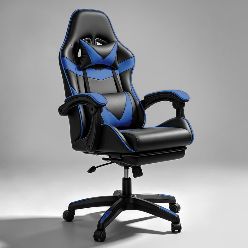 Two Tone Black Blue PU Leather Ergonomic Gaming Chair with Retractable Footrest