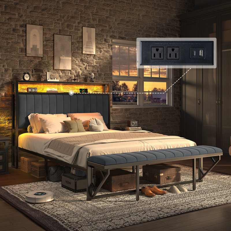 Tryston Queen Size Bed Frame With Footstool,upholstered Headboard,led Lights,Gray, Gray, Queen