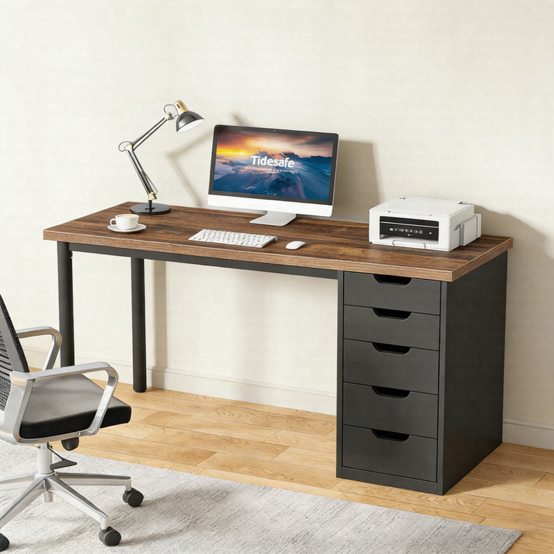 Bureau d'ordinateur 47 po à 5 tiroirs - Bureau d'étude et d'écriture moderne, Brun / Blanc