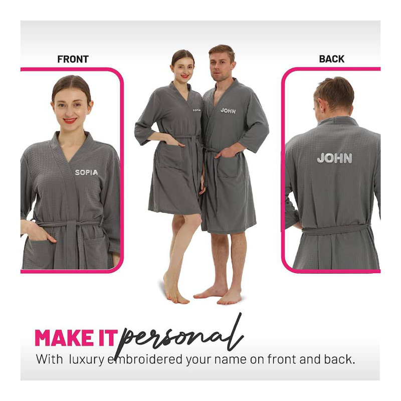 Peignoir en microfibre gaufré unisexe au-dessus du genou avec poches, P-M, Mauve, Oui