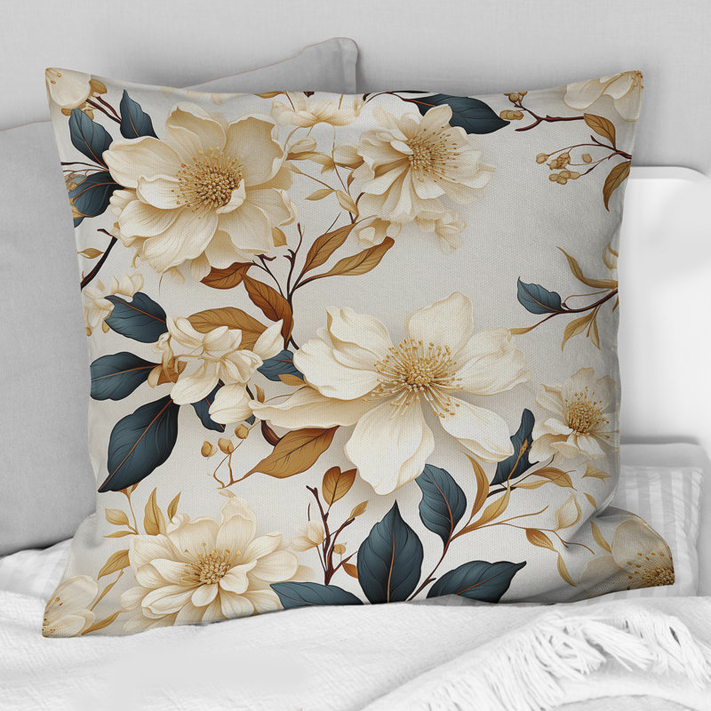 Blanc botanique inspiré de la botanique - coussin décoratif imprimé floral, H 18 po x l 18 po