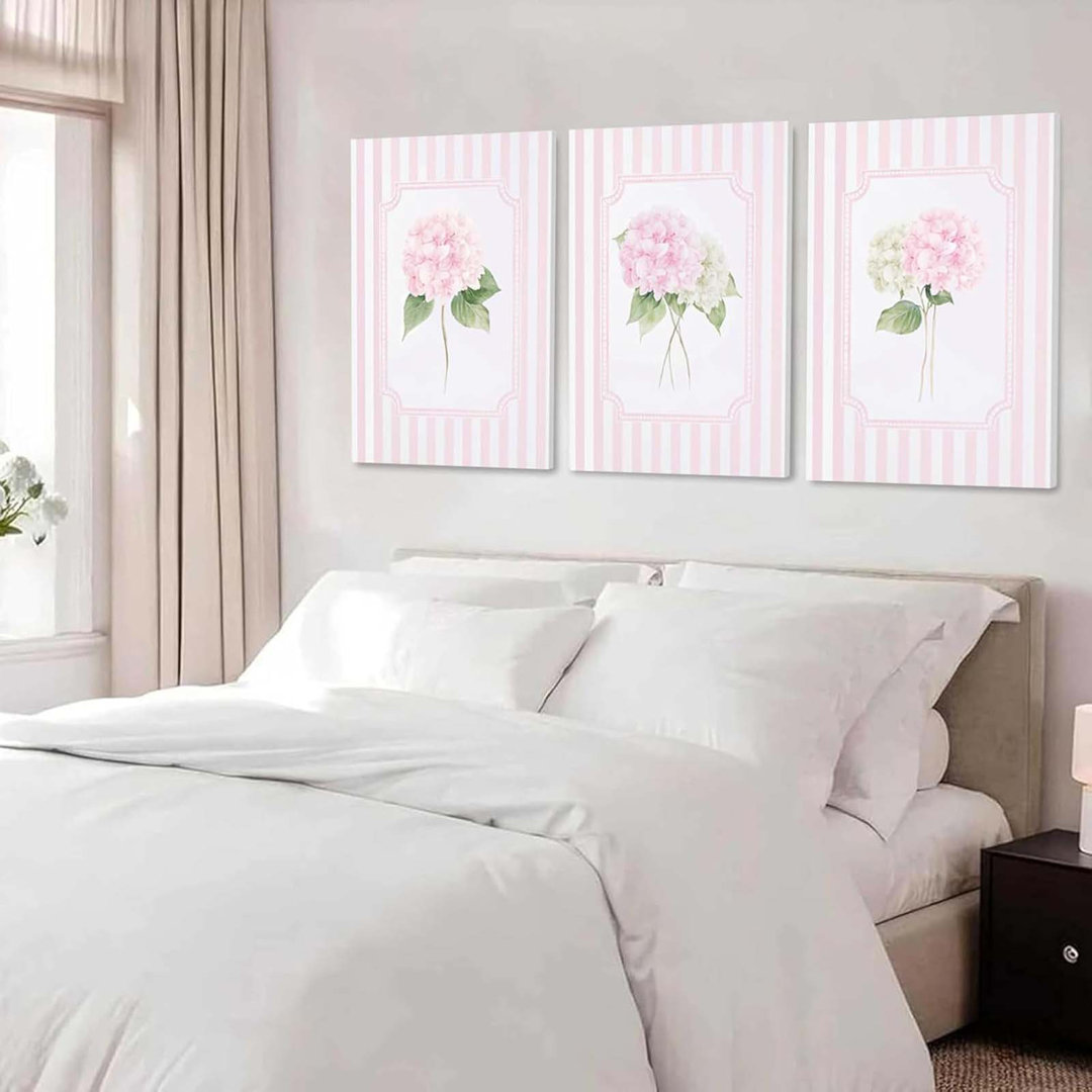 Pink Hydrangea Canvas Wall Art Pink Striped Floral Prints Wall Decor Watercolor Flower Painting Artwork Botanical Pictures Dopamine Poster For Living