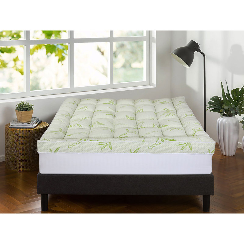 Queen Mattress Topper Pillow Top – Bamboo Mattress Pad Cover for Back Pain Relief, Extra Thick Plush & Naturally Cooling, Elastic Extra Deep Pocket Fitted, Green 1000GSM