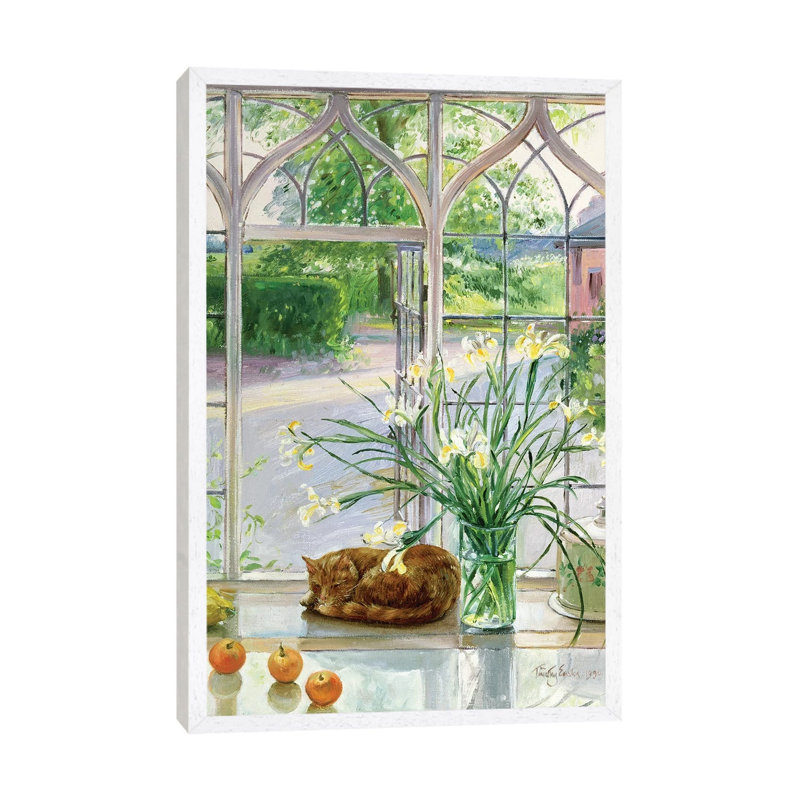 Irises And Sleeping Cat by Timothy Easton - Painting on Canvas, White Framed, 66.04 cm H x 45.72 cm W