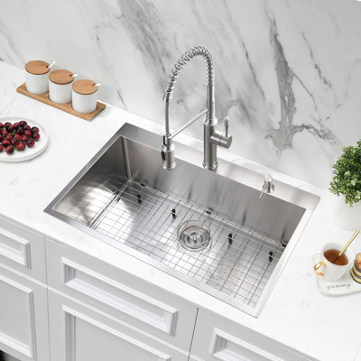 28 Inch Drop-In Single Bowl Stainless Steel Kitchen Sink With Drain Strainer, 16 Gauge Commercial Grade, Scratch-Resistant, Heat-Resistant, Rust-Resistant, Sound Dampening, Fast Drainage Design