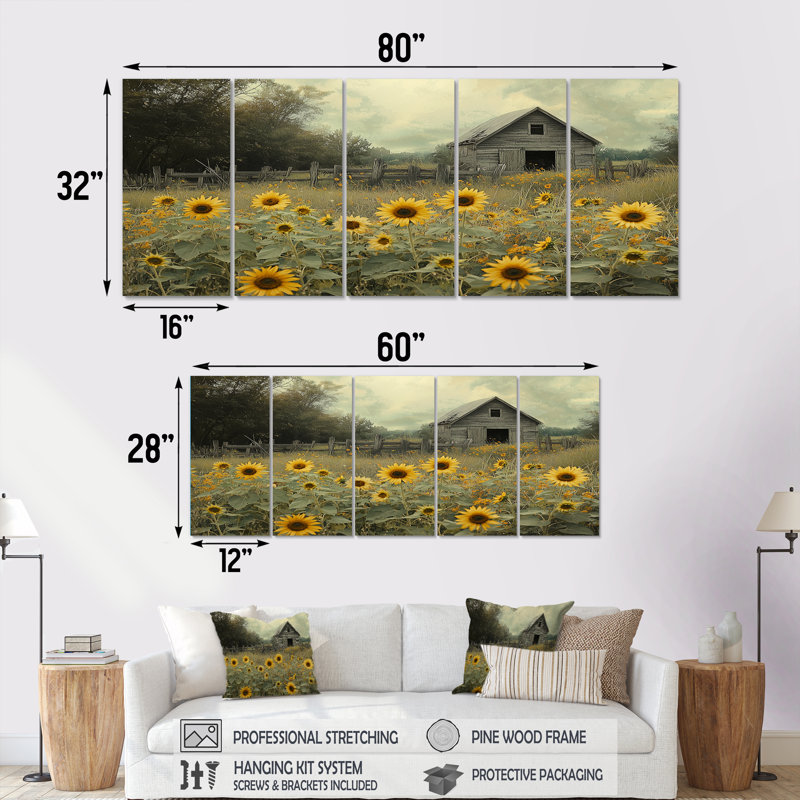Druvis - décoration murale tournesols - art mural traditionnel 5 pièces, H 28 po x l 60 po