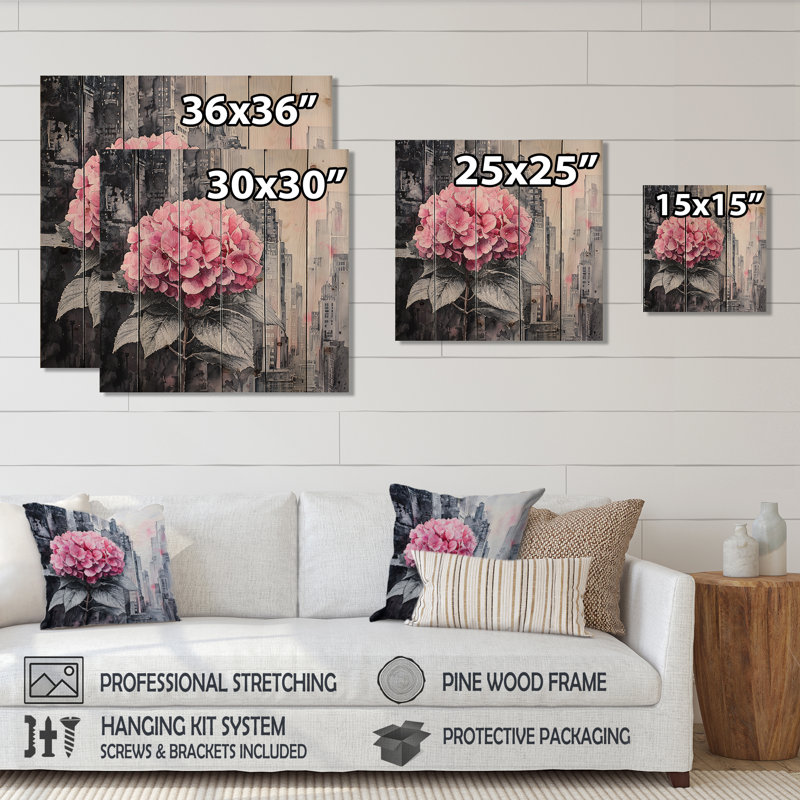 Hortensias monochromes dans la ville - décoration murale en bois d'hortensias - sur bois de pin naturel