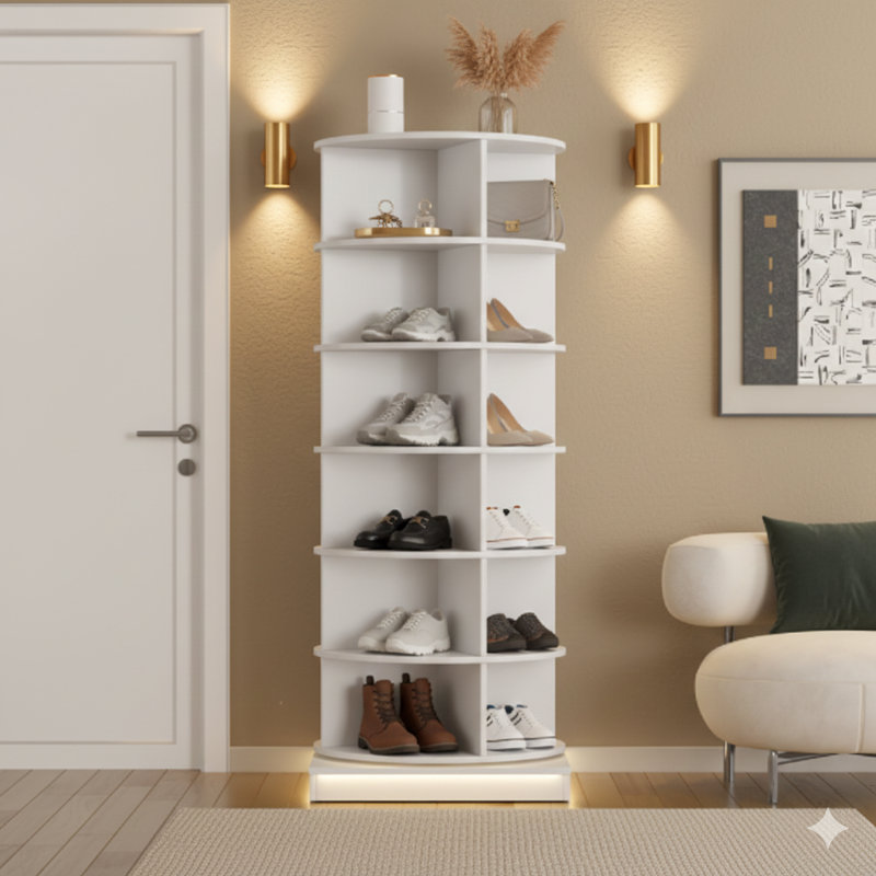 Carrousel de rangement à chaussures pivotant à 360 degrés avec six niveaux, Blanc