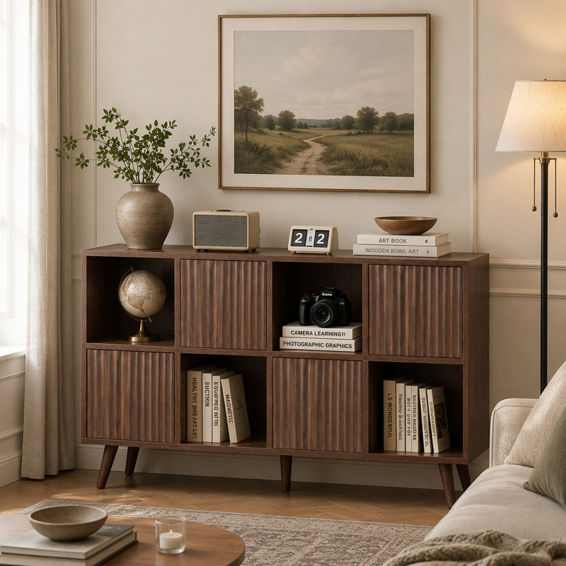 Organisateur de bibliothèque à profil bas en MDF à 8 cubes, armoire de rangement autoportante avec 4 portes à panneau ondulé amovibles, tablette de présentation horizontale robuste pour le bureau de la chambre à coucher