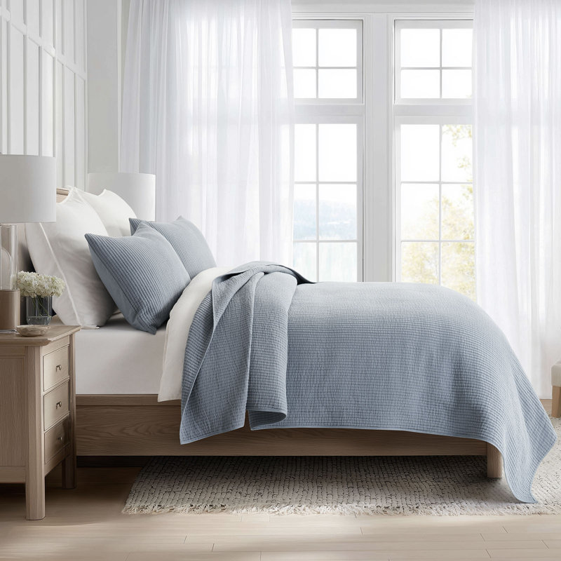 Ensemble de couvre-lit en coton côtelé matelassé, Courtepointe pour lit grand + deux taies décorati, Lin bleu