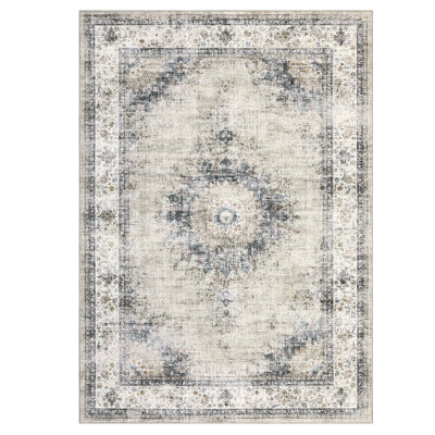 Vintage Area Rug Washable Medallion Accent Carpet with Non-Slip Backing, Foldable Distressed Low Pile Indoor Mat, Stain-Resistant Floor Cover for Living Room, Bedroom, Kitchen