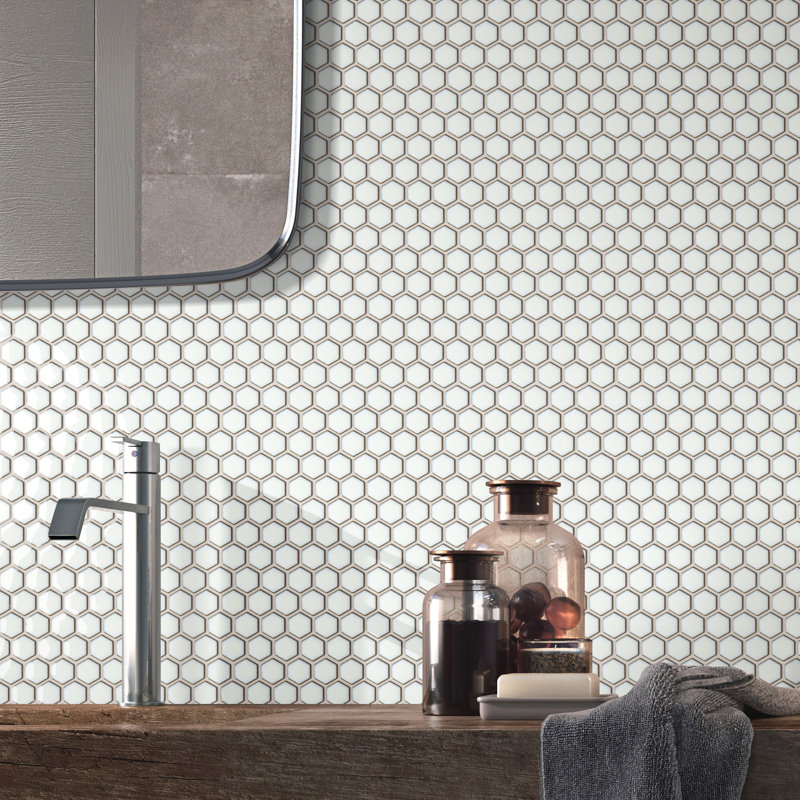 Porcetile Hex 10.24 in. x 11.82 in. Hexagon Glossy Porcelain Mosaic Wall and Floor Tile, White