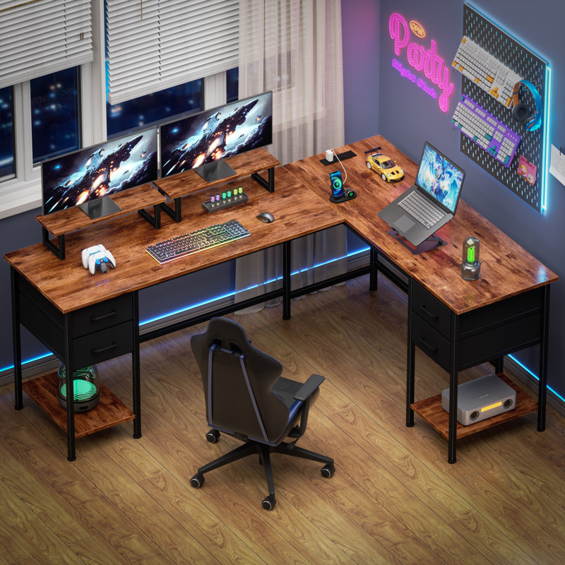 66” L-Shaped Computer Desk with Power Outlet, 29.1" H x 66.1" W x 47.2" D, Brown