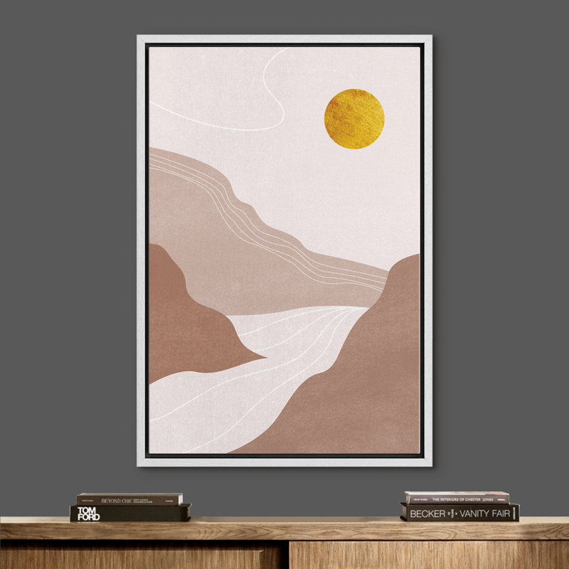 «Signature», reproduction d'art sur toile encadrée, soleil doré sur montagnes brunes et rivière, nature, art numérique, art moderne moderne de style Mid-Century coloré pour le salon, la chambre à coucher et le bureau - 24 po x 36 po - noir