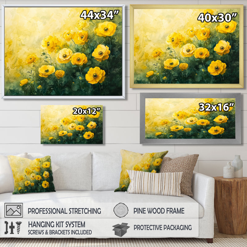 Été fleurs de renoncule à la campagne II - Renoncule grand, art mural, H 30 po x l 40 po, Impression encadrée flottante, Noir