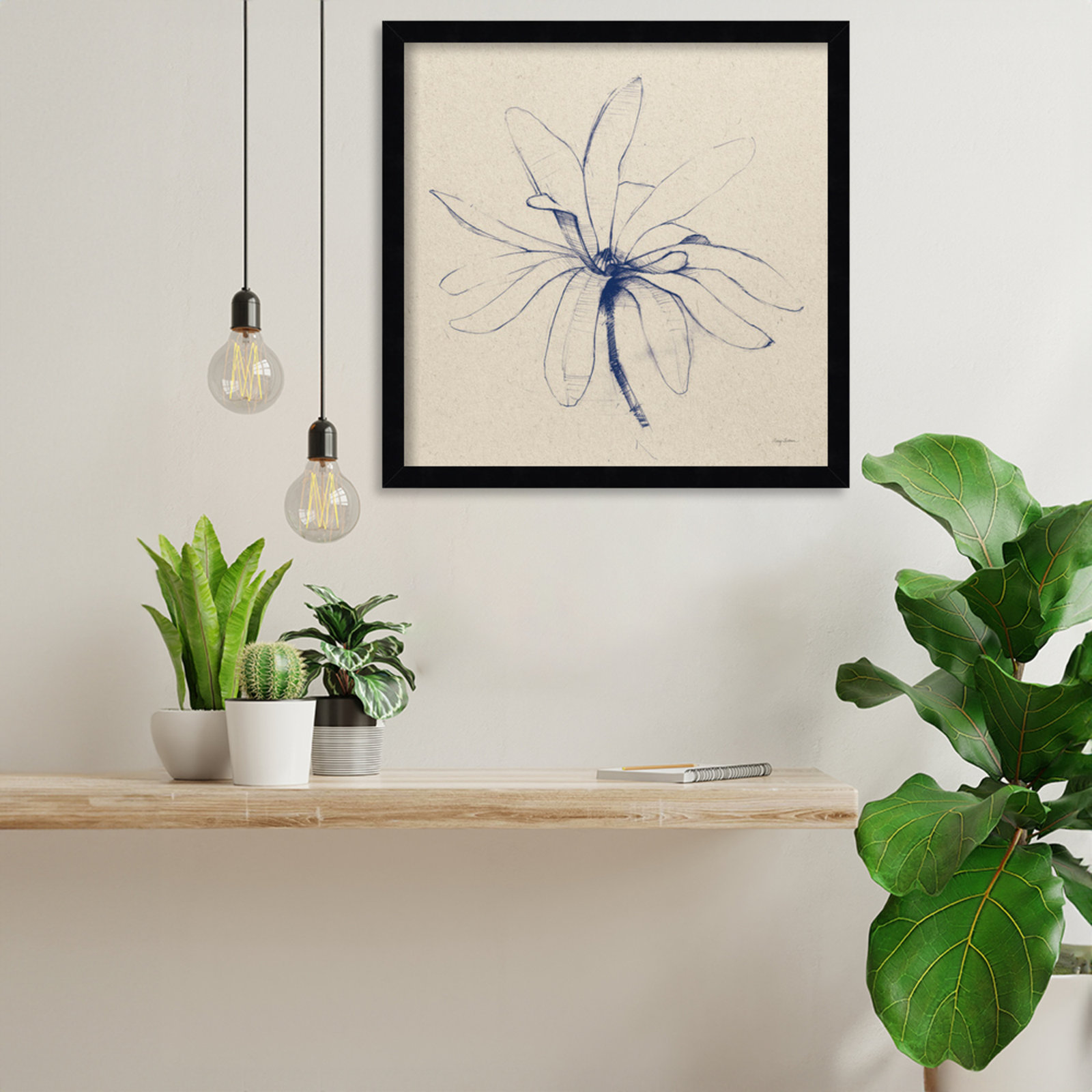 Modern Vintage Floral I Indigo by Everlean - Single Picture Frame Print, Black, 17" H x 17" W x 1" D