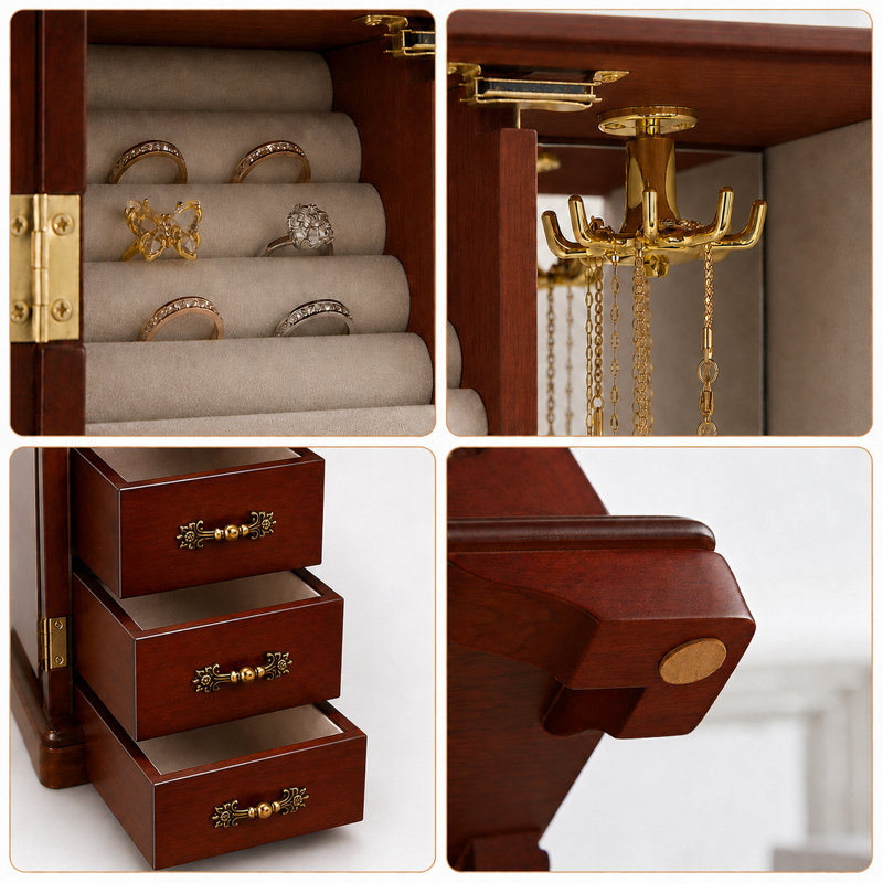 Vintage Jewelry Box with Mirror, Wooden Jewelry Organizer and Storage Case for Women，Brown
