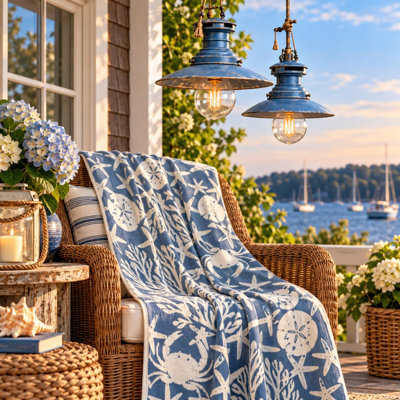 In2Green Coastal Marine Life Knit Throw Blue