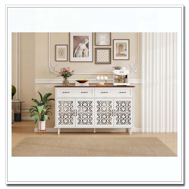 Vintage Sideboard Buffet Cabinet with Hand-Carved Geometric Doors, Distressed Light Wood Finish, White+Walnut