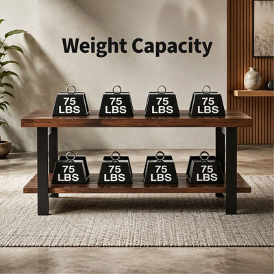 100% All‑Solid‑Wood Farmhouse Rustic Rectangle Coffee Table, Living Room Coffee Table with Open Storage Shelf, Heavy‑Duty Home Furniture