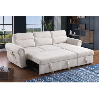 Canapé-lit modulaire réversible en chenille l 97 po beige avec chargeur USB, poches téléphone / magazine