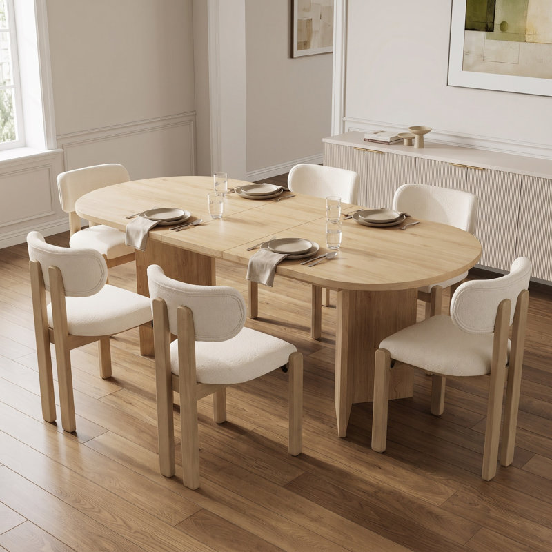 6 -Person Extendable Dining Set, Brown Wood, Beige/Brown Wood