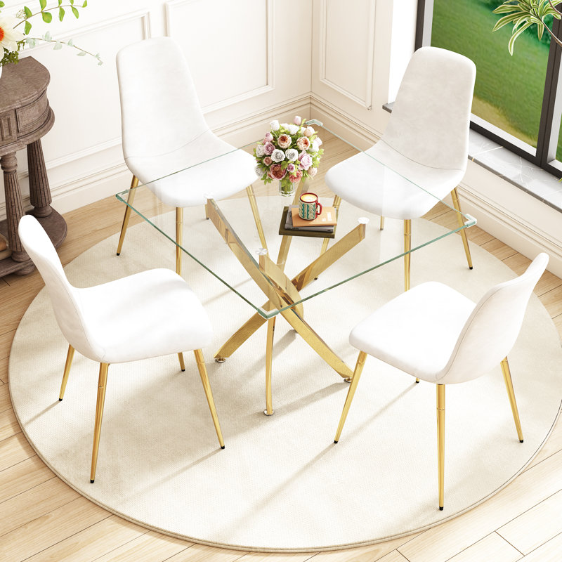 5 - Piece Pedestal Dining Set, Gold, Gold/White