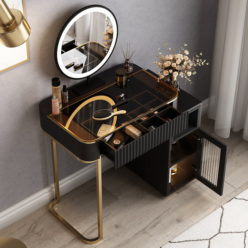 Chiquitha High-quality Makeup Vanity ,Glass Top,Corner, Black/Gold