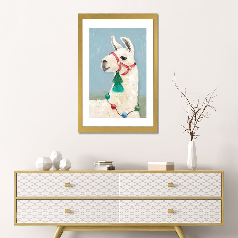 «Painted Llama I» par Jade Reynolds - reproduction, H 24 po x l 16 po x P 1 po, Papier encadré doré, Blanc