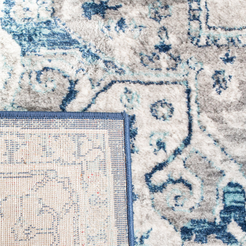 Transitional Light Gray and Blue Synthetic Runner Rug