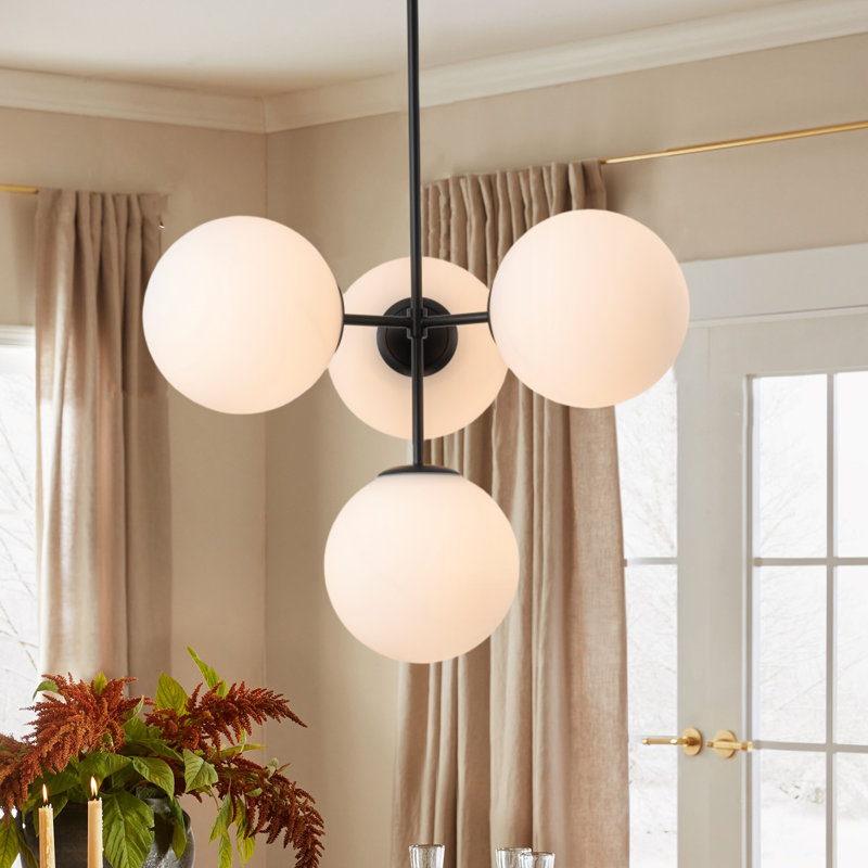 Karlisa 4-Light Modern Sputnik Sphere Glass Bubble Chandelier, White, Matte Black